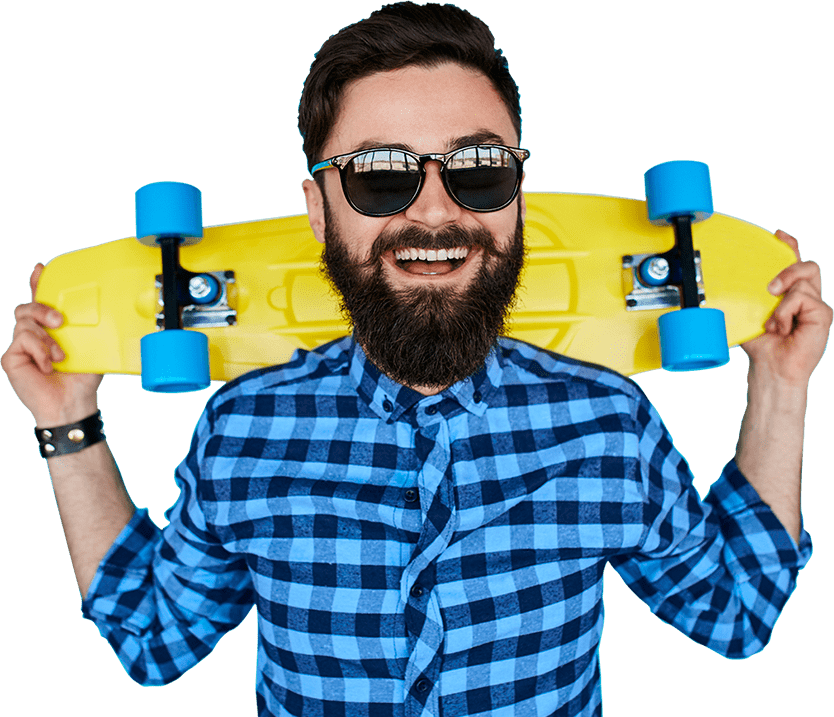 man with a beard and longboard